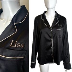 Le Rose Black Satin Pajama Button Down Sleep Shirt Size M Personalized Lisa